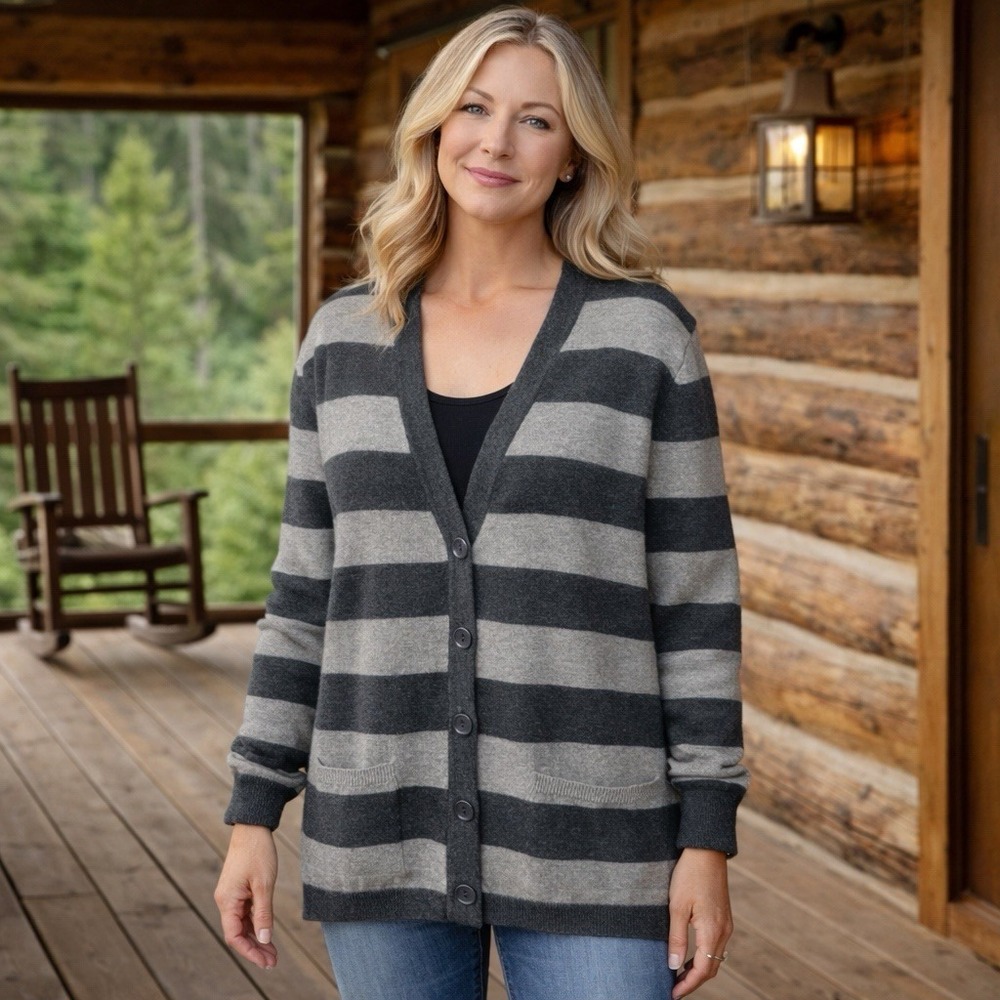 Self Portfolio 100% Cashmere Gray Stripe Button Cardigan Luxury Old Money Chic L